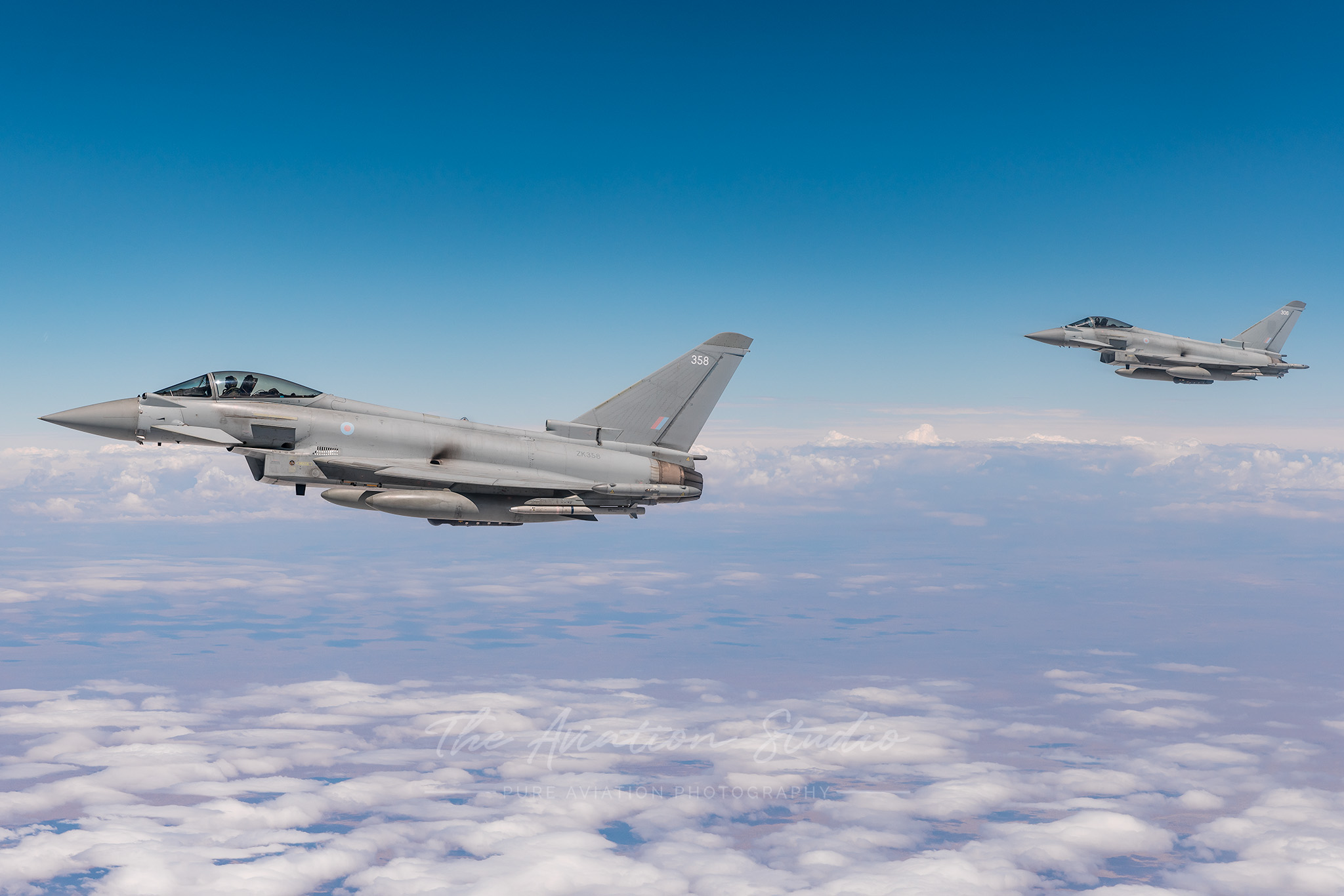 Royal Air Force Eurofighter Typhoon ZK306 and ZK358 in formation with KC-30A A39-003 (Image: Emil Cooper)